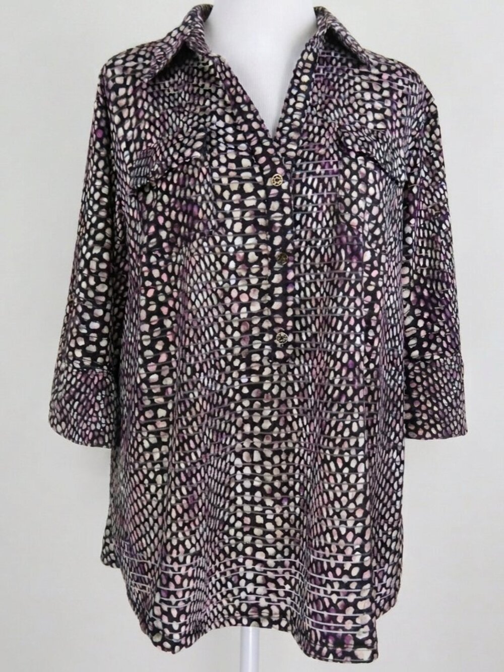 Rebecca Malone Women's 3/4-Sleeve 1/4-Button V-Neck Pullover Size L (C2157)